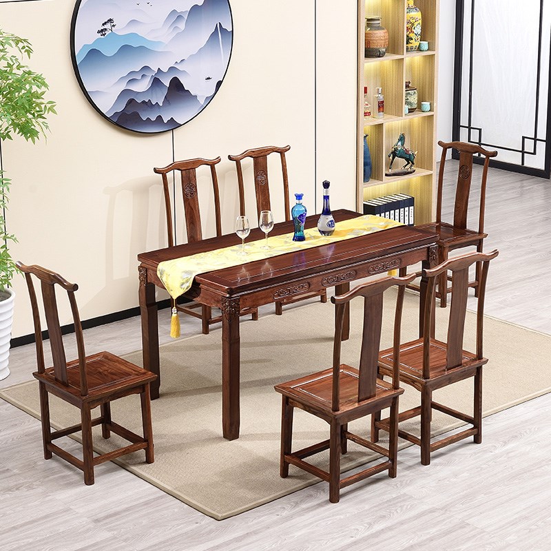 新全实木原木长方形餐桌椅组合家用桌中式榆木桌彷古餐厅饭店椅子