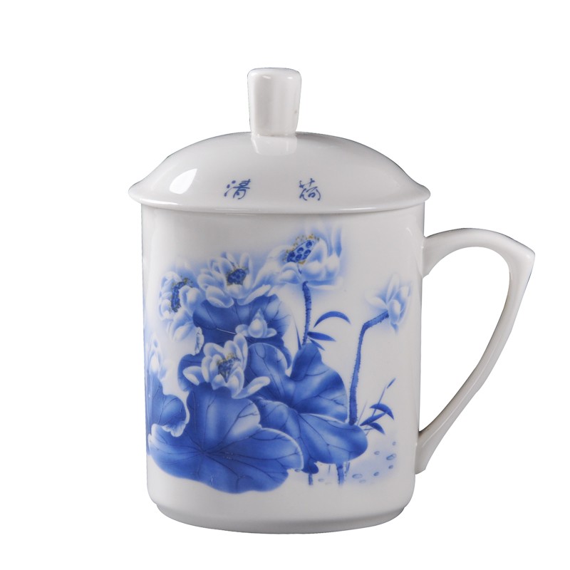 景德镇办公室水杯陶瓷带盖带柄马克杯青花会议茶杯老板杯定制logo