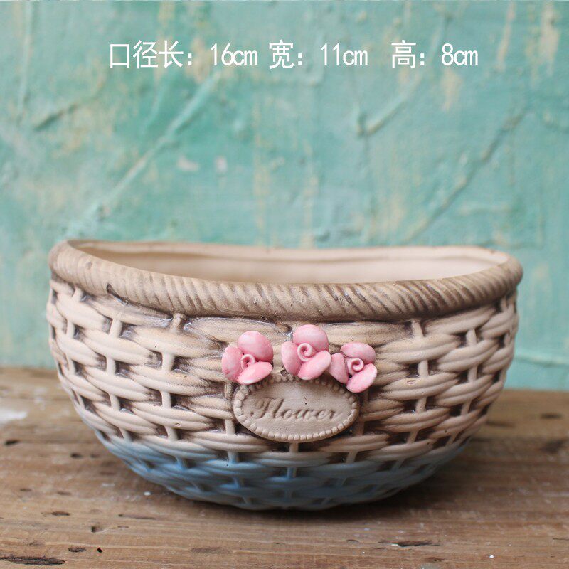 仿藤编草编柳编陶瓷花盆创意手提花篮多肉盆栽组合粗陶透气壁挂盆