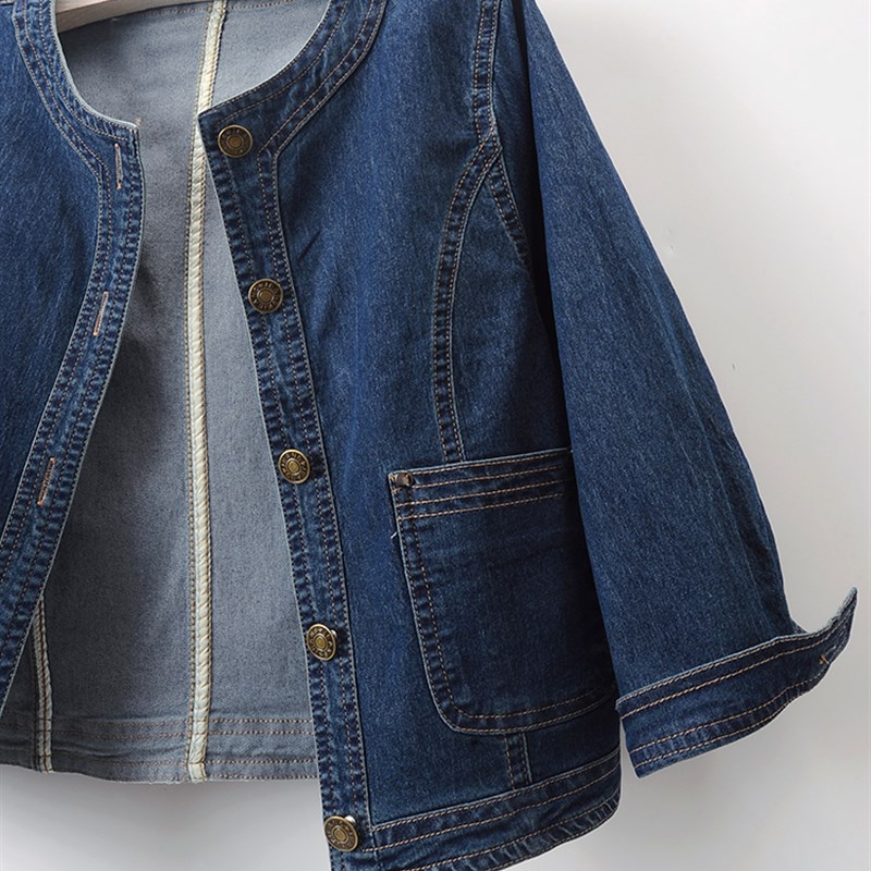 春夏季百搭圆领七分袖牛仔外套女短款弹力修身显瘦夹克衫上衣薄款