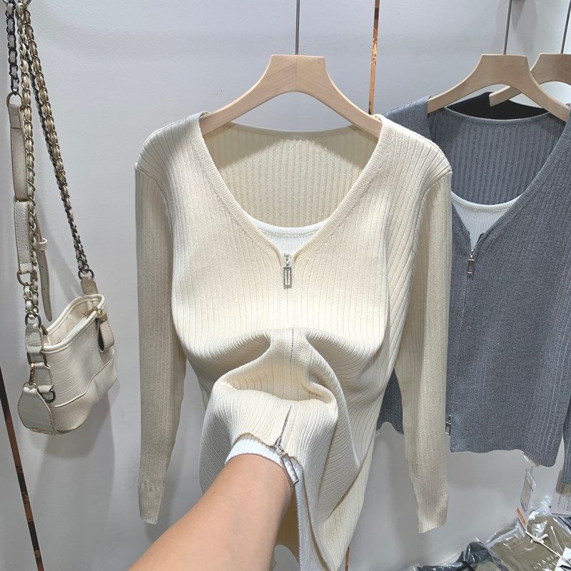 假两件高级感双拉链圆领2024秋季新款女士上衣长袖时尚针织衫外套