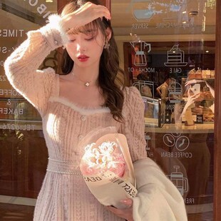 加绒针织连衣裙女秋冬法式初恋内搭中长款毛衣裙配大衣加厚打底裙