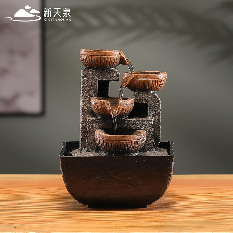 新天泉招财自动流水循环水摆件中式茶几办公室桌面小喷泉加湿器
