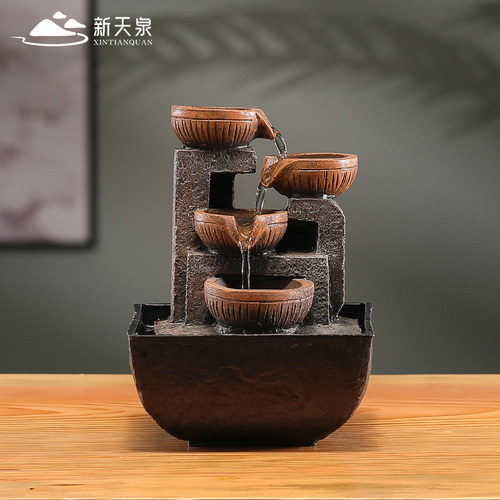 新天泉招财自动流水循环水摆件中式茶几办公室桌面小喷泉加湿器