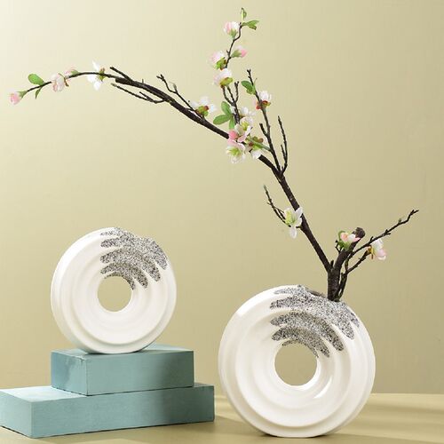家居圆形条纹花器装饰品摆件花瓶干花花插创意北陶瓷轻奢复古欧式