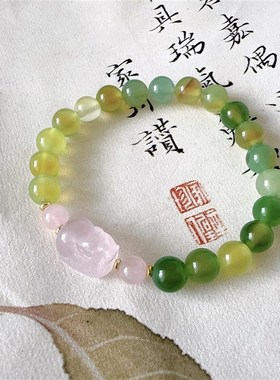 925银珠新中式粉晶葡萄色玉髓貔貅手串手链国风弹力复古小众叠戴