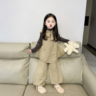 女童秋冬c新款 连帽背心毛衣套装 针织阔腿裤 两件套儿童洋派背心裤