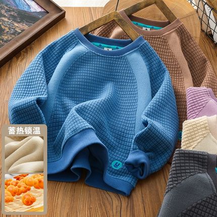 男童加绒卫衣双面绒打底衫秋冬款2024儿童加厚R圆领衫女童保暖上