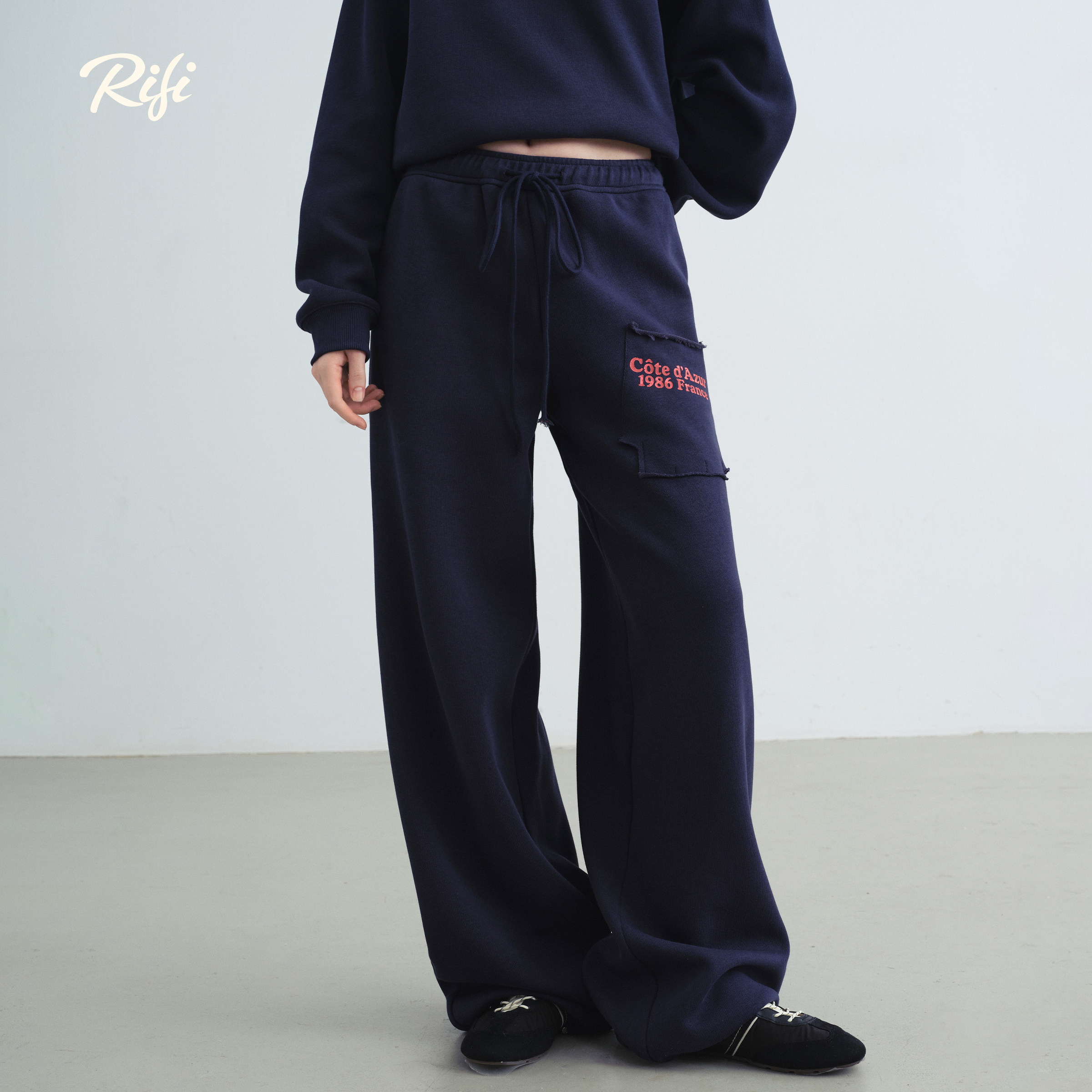 RiFi美式复古字母印花阔腿卫裤图片