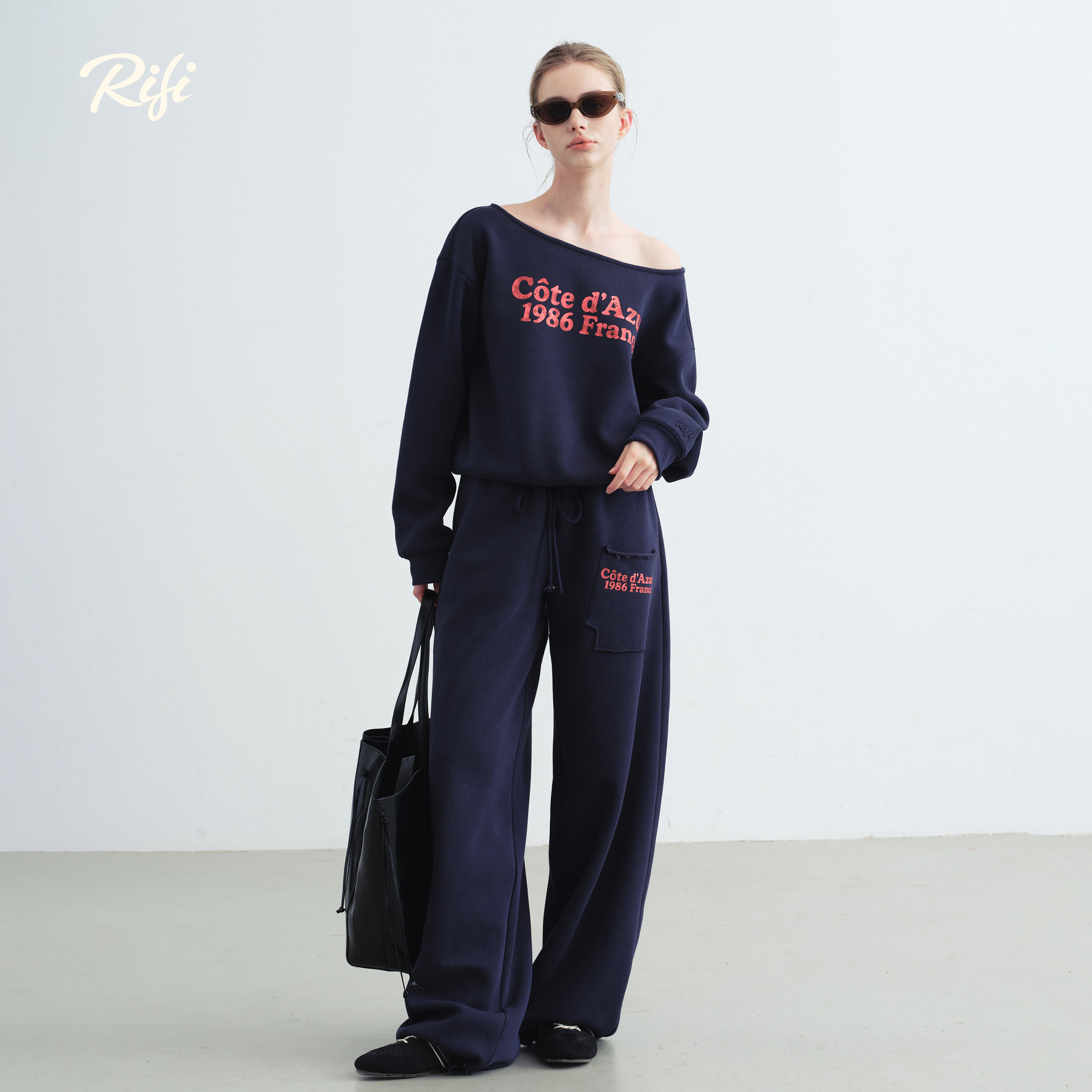 RIFI斜肩美式复古印花收腰卫衣图片