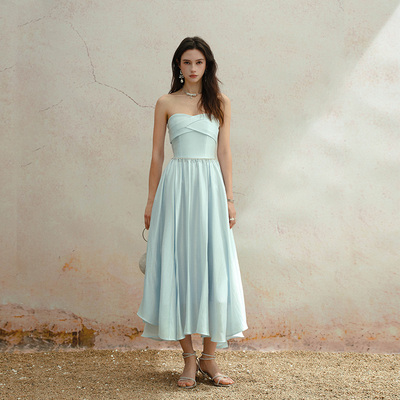 MarcMoore旗舰店蓝色缎面抹胸收腰水钻大摆连衣裙高级宴会礼服裙