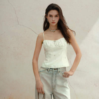 Marc Moore甜美风天长丝法式修身小碎花吊带背心短款轻薄2026春季