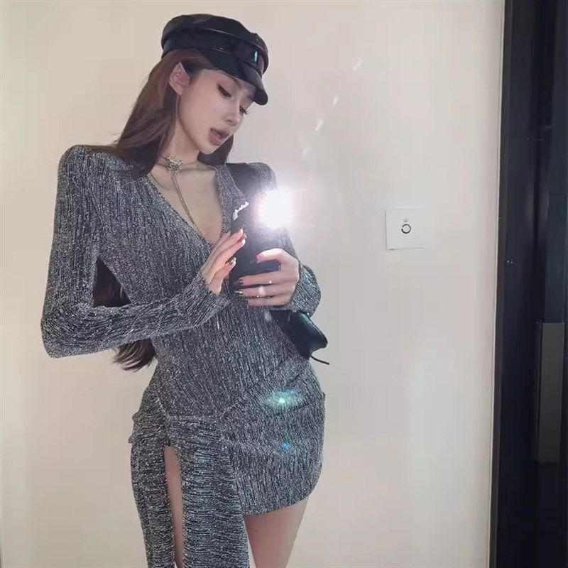 美式辣妹套装气质修身v领长袖连时尚套装
