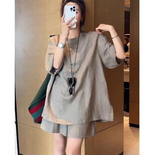 欧货大码短袖T恤棉麻套装女夏季宽松半袖上衣阔腿短裤亚麻两件套