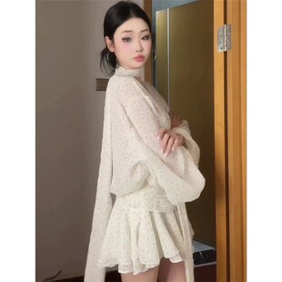 新波点缎带雪纺春夏女士长袖连衣裙,法式修身荷叶边裙