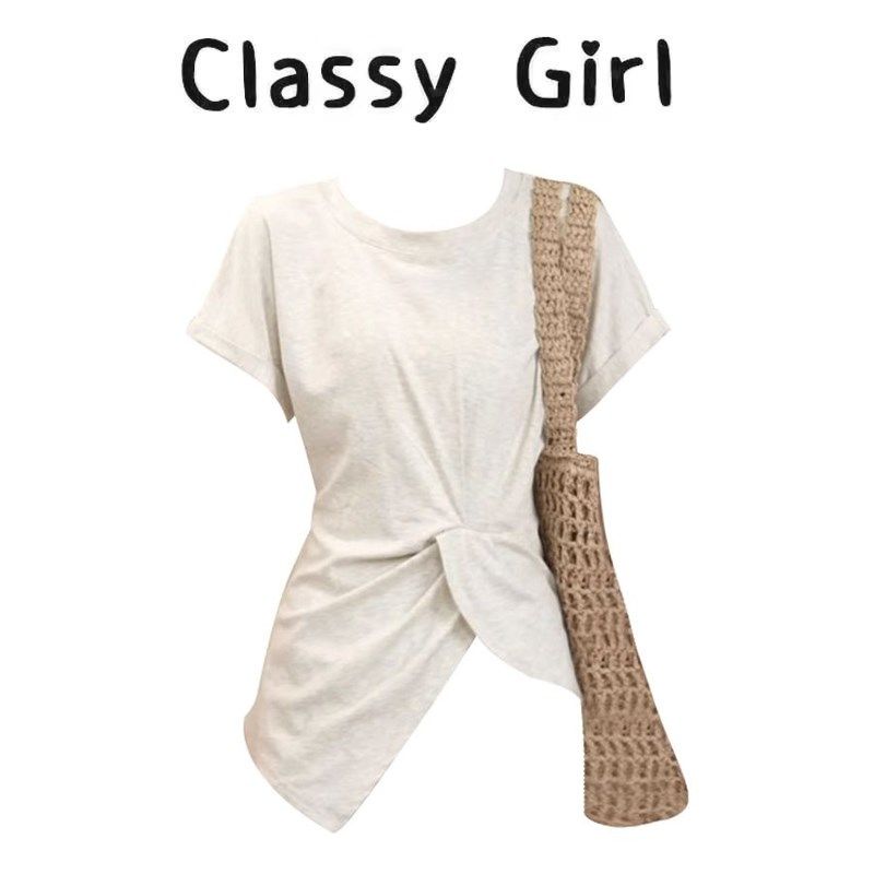 韩系简约圆领正肩短袖T恤女夏季小众别致不规则褶皱开叉百搭上衣,女装/女士精品,大码内搭,淘宝优惠券,粉丝福利购,淘宝优惠卷