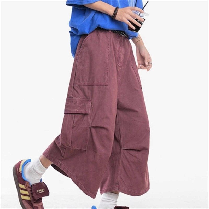 酒红色工装七分裤子男款2025新款美式宽松短裤直筒阔腿伞兵休闲裤,男装,卫裤,淘宝优惠券,粉丝福利购,淘宝优惠卷