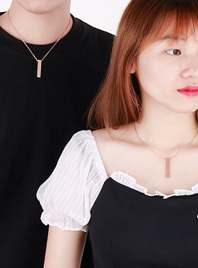 可刻字长方形时尚情侣闺蜜心形吊坠不锈钢桃心水钻不锈钢项链