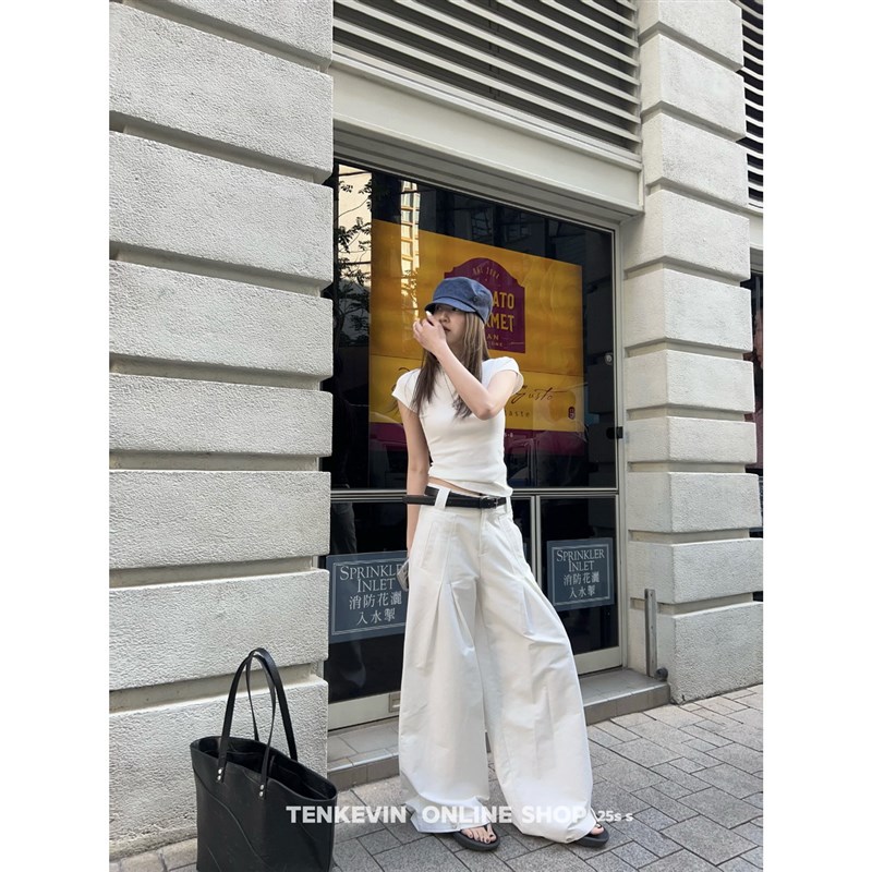十一石 早春zui爱压褶白色阔腿休闲裤女小个子新款宽松直筒工装裤