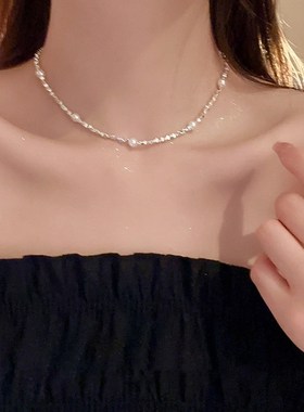 碎银子珍珠项链2023新款小众锁骨链颈链项圈女颈带脖子配饰夏