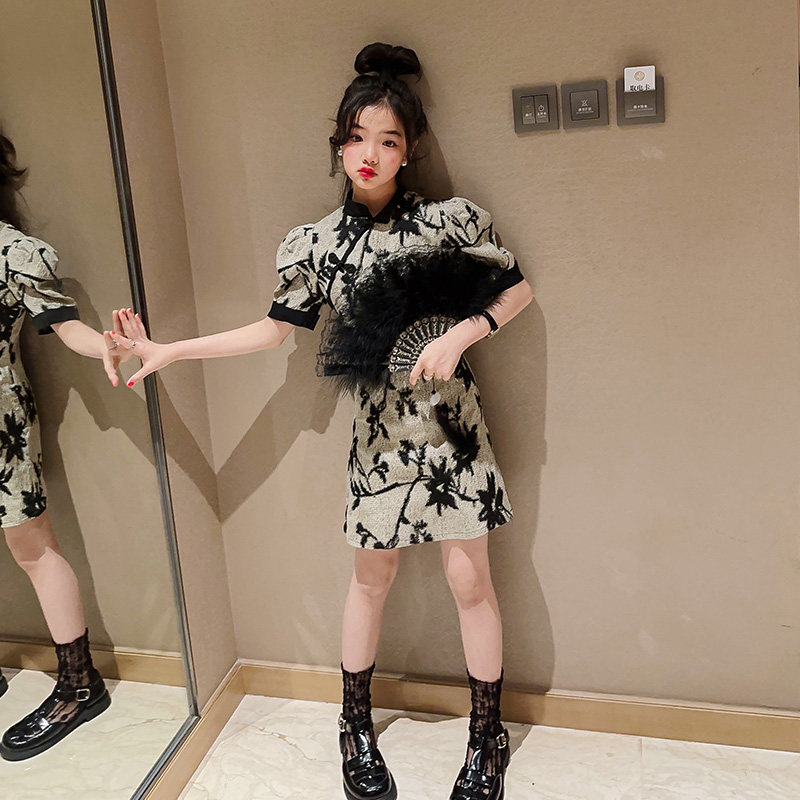 女童洋气夏款时h尚改良旗袍连衣裙2023新款国风潮款包臀印花短裙