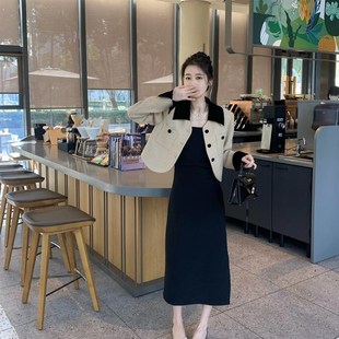 速发胖妹b妹显i瘦遮肉套装女大码秋冬短款毛呢外套开叉吊带连衣裙