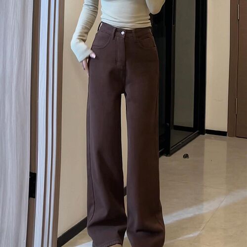 加绒加厚美拉德直筒牛仔裤女秋冬季大码胖妹妹mm宽松显瘦阔腿长裤