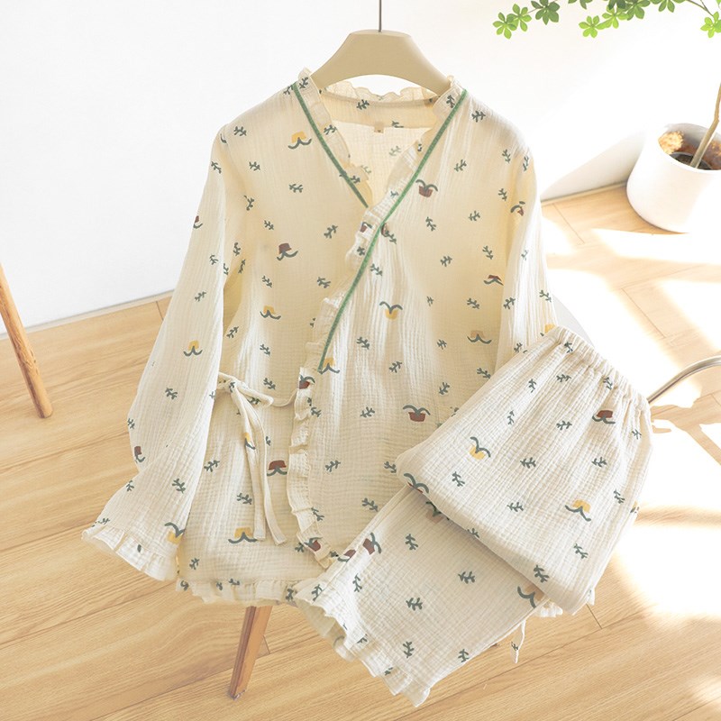 日系和服睡衣女春秋款纯棉双层纱布清新薄款长袖家居服套装夏季