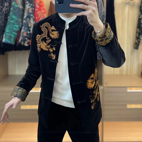 冬季男士新款中国风唐装盘扣羽绒服外套丝绒加厚保暖轻奢复古上衣