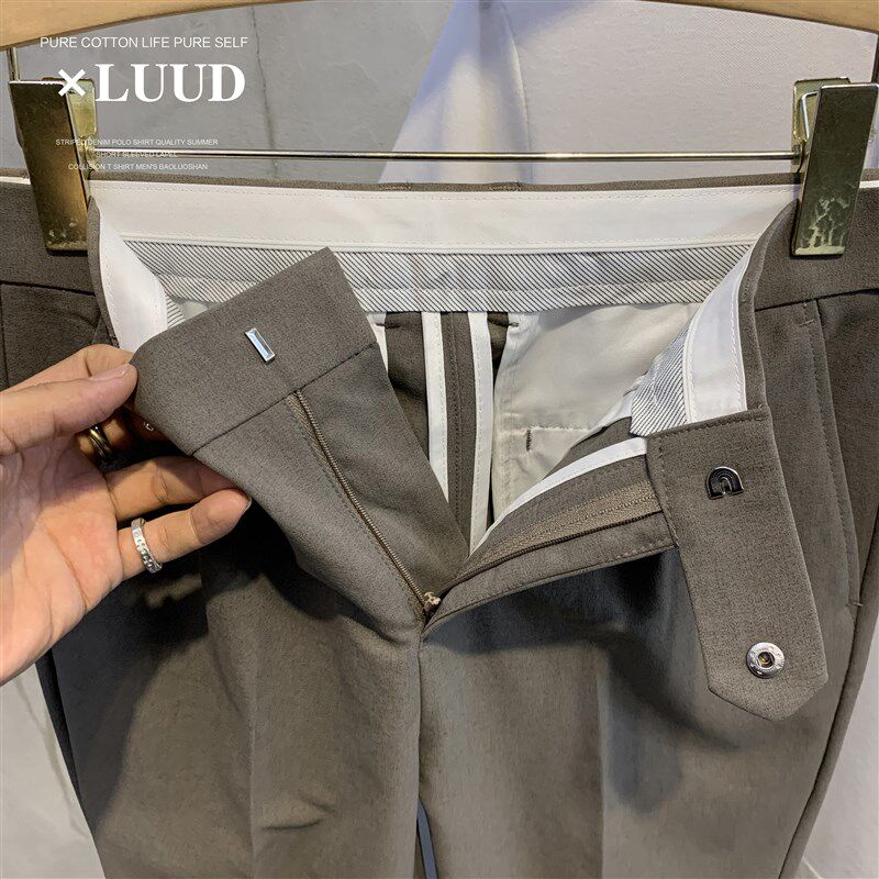 LUUD 秋季英伦风裤头暗扣设计男西裤潮流纯色百搭修身小脚九分裤