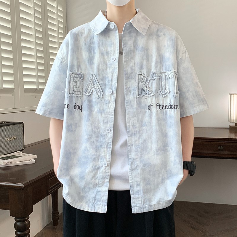 扎染短袖衬衫男生夏季薄款青少年大学生纯棉外套上衣服夹克男装士图片