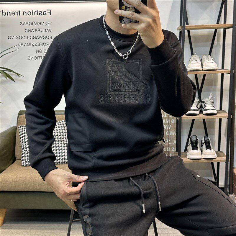 秋冬新款简约加绒外套男装潮流长袖卫衣修身黑色休闲圆领上衣T恤
