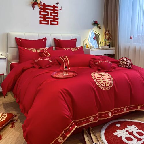 中式喜字刺绣婚庆四件套红色被套全棉纯棉高O档结婚床上用品新婚