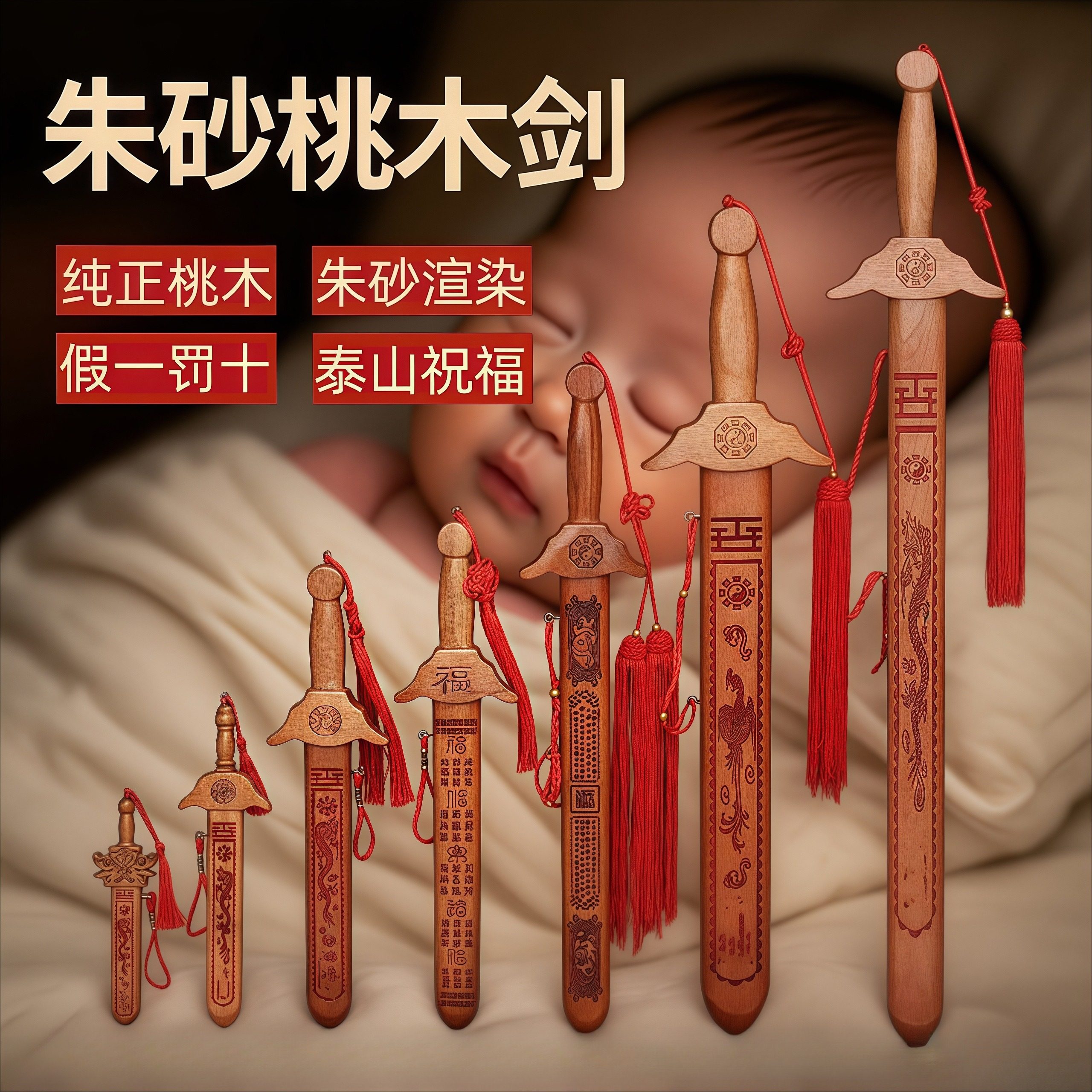 桃木剑婴儿防小惊吓挂件正宗真雕刻儿童小孩男女宝剑精选七星剑