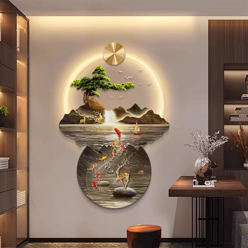 带灯玄关装饰画流水生财高端入户正对门走廊尽头过道挂画山水画