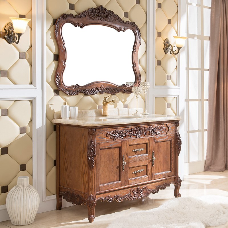 仿古做旧欧式红橡木浴室柜卫浴洗手台洗脸盆柜天然大理石台面