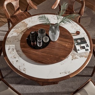 北美全实木餐桌家用岩板米圆形大桌子带转盘饭桌