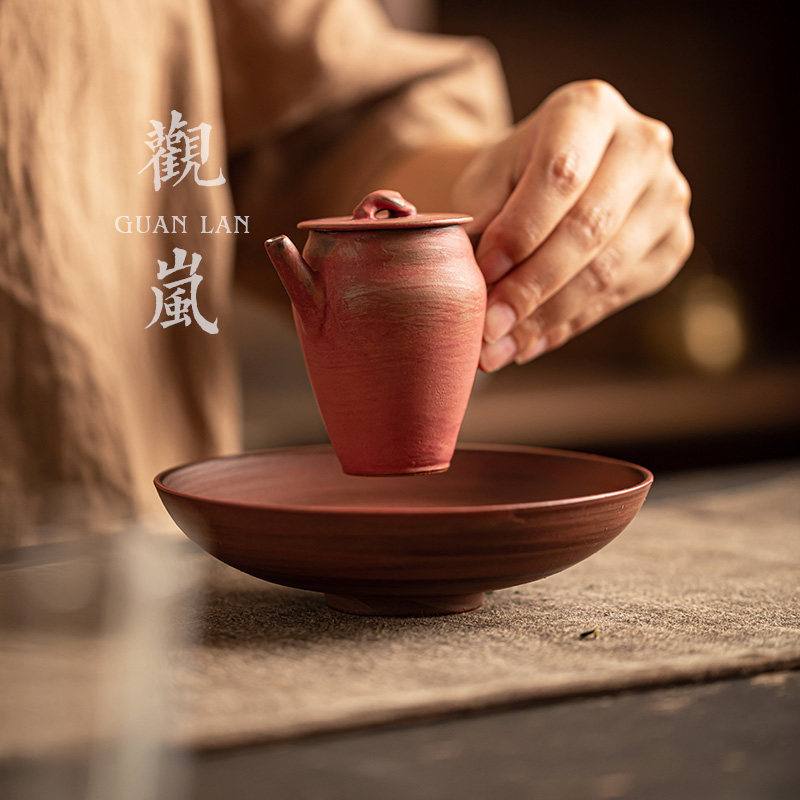 观岚复古手工粗陶胭脂红茶壶粉引带过泡茶器小单壶