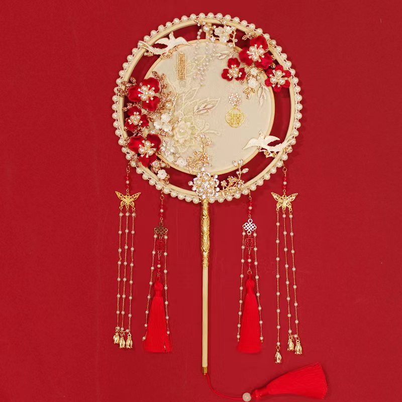 中式婚礼秀禾扇结婚新娘团扇diy材料包手工古风出嫁红喜扇子成品