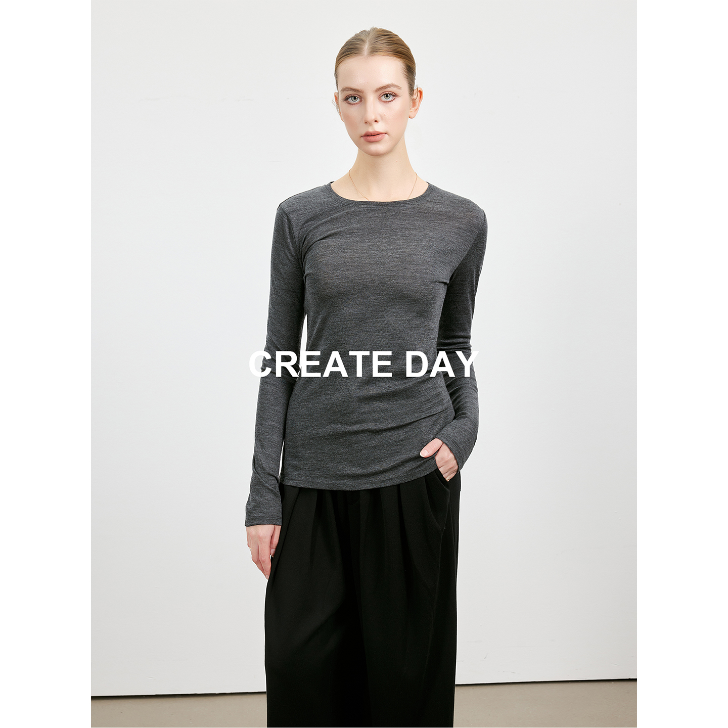 CREATE DAY ROW风 山羊绒圆领长袖打底衫修身绵羊毛T恤桑蚕丝上衣
