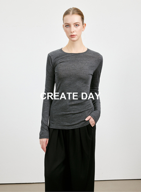 CREATE DAY ROW风 山羊绒圆领长袖打底衫修身绵羊毛T恤桑蚕丝上衣