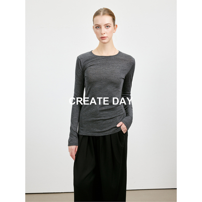 CREATE DAY   春夏山羊绒圆领长袖打底衫绵羊毛T恤桑蚕丝上衣