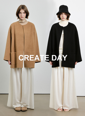 CREATE DAY 日系10秘鲁羊驼毛无领双口袋大衣女双面呢绵羊毛外套