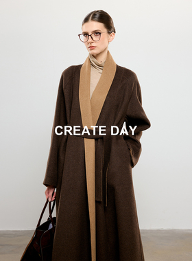 CREATE DAY 80%绵羊毛大衣女装秋冬桑蚕丝长款双面呢浴袍毛呢外套