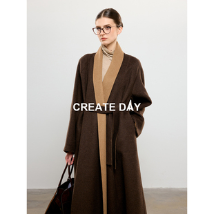 CREATE DAY 80%绵羊毛大衣女装秋冬桑蚕丝长款双面呢浴袍毛呢外套