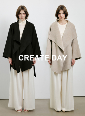 CREATE DAY G**da10%秘鲁羊驼毛短款大衣女秋冬绵羊毛双面呢外套