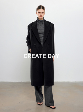 CREATE DAY 10%羊驼毛黑色大衣女装秋冬绵羊毛双面呢长款毛呢外套