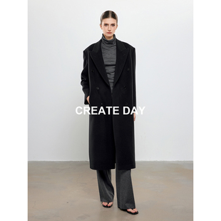 CREATE DAY 10%羊驼毛黑色大衣女装秋冬绵羊毛双面呢长款毛呢外套