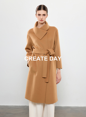 CREATE DAY GD30%山羊绒大衣女大马士革花苞领绵羊毛长款毛呢外套