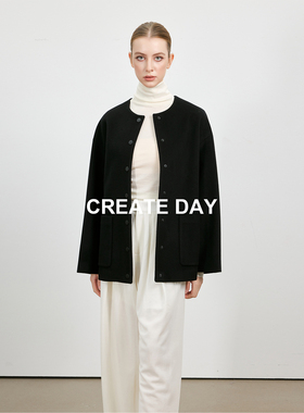 CREATE DAY ROW风 10%山羊绒半精纺 C*line小香风绵羊毛外套女冬